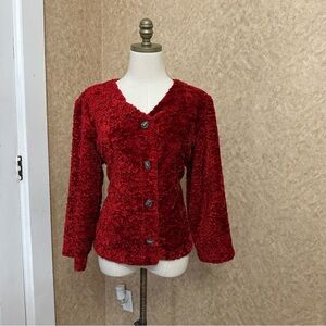 VTG Y2K 90s Bright Red Shaggy Fuzzy Equestrian Horse Button Cardigan Sweater